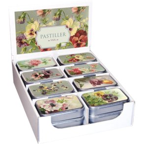 ske med pastiller. Blomstermotiv. Violsmag