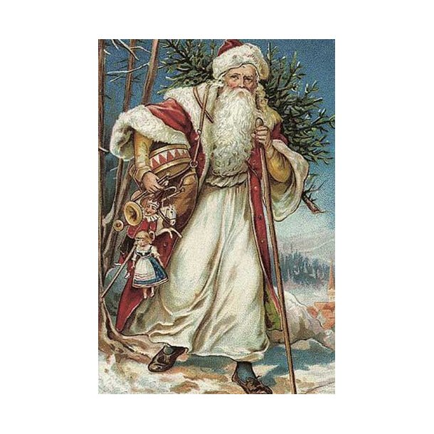 Julekort. Julemand med legetj.